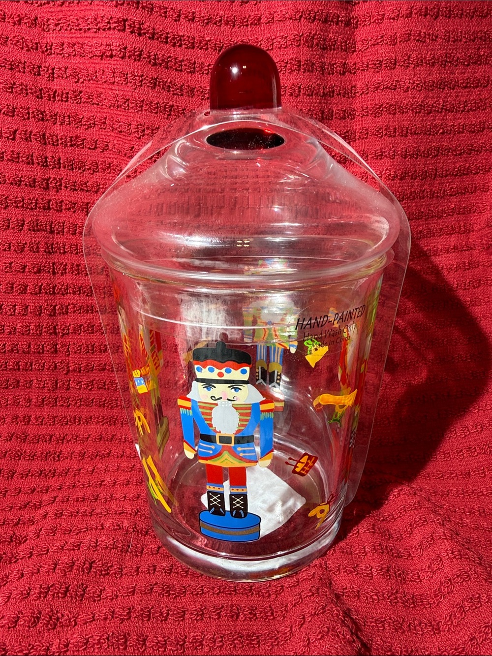 Holiday Nutcracker Glass Candy Jar with Red Knob Lid
